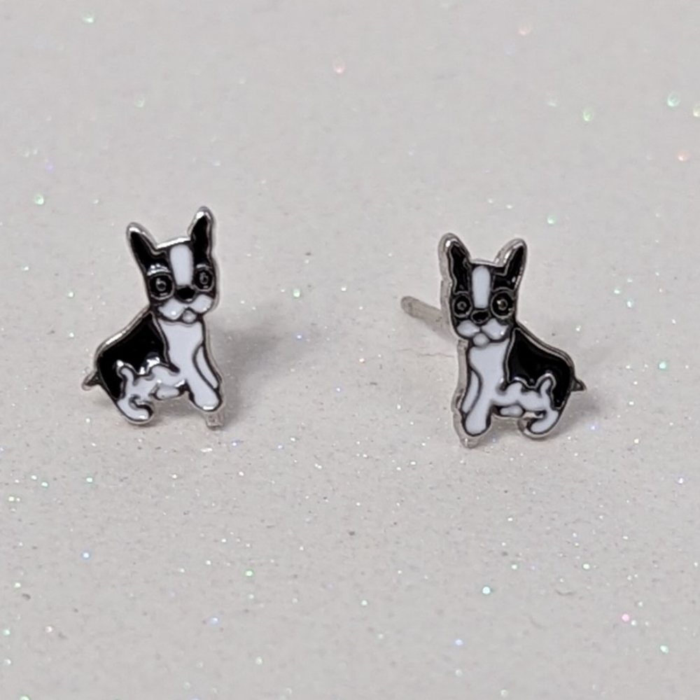 Boston Terrier 925 Sterling Silver White and Black Stud Earrings Dog